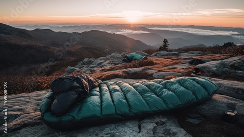 Obraz na płótnie sleeping bag out on top of a mountain Generative AI w salonie