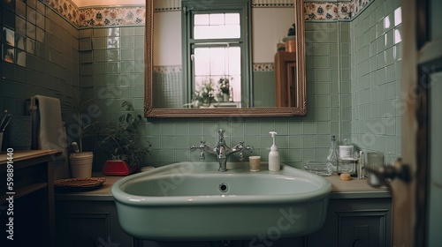 Sink in the bathroom. Vintage interior. Front view Generative AI