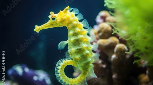 A seahorse in a colorful aquarium close up Generated AI