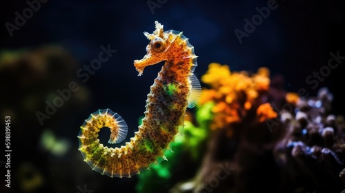 A seahorse in a colorful aquarium close up Generated AI