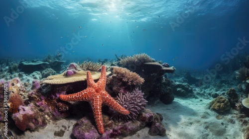 starfish in blue ocean with colourfull corals Generative AI