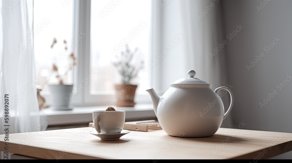teapot on kitchen, light scandinavic interior Generative AI teapot on kitchen, light scandinavic interior Generative AI