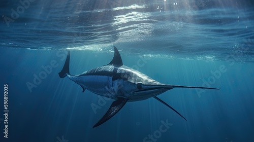 Swordfish to the surface of the sea Generative AI photo
