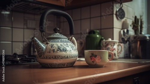 teapot on kitchen, vintage interior Generative AI