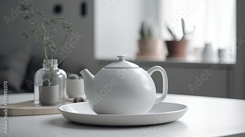 teapot on kitchen, light scandinavic interior Generative AI photo