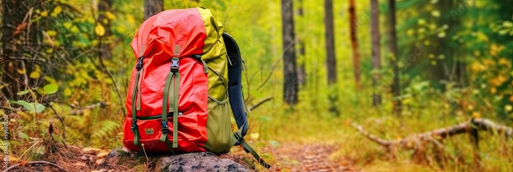 Tourist backpack on a background of forest Generative AI Tourist backpack on a background of forest Generative AI