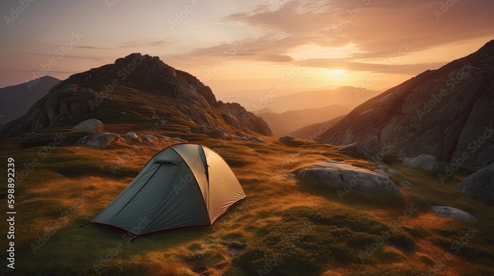 Tourist tent camping in mountains at sunset Generative AI