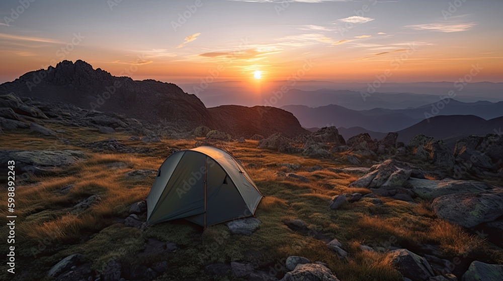 Tourist tent camping in mountains at sunset Generative AI