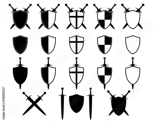 shield with sword set icon silhouette, vector illustration of medieval swords and shields isolated on a white