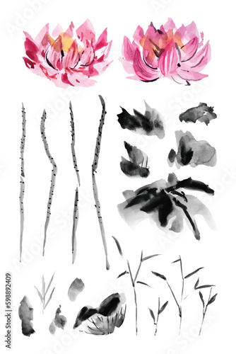Watercolor painting ink chinese lotus elements collection 1