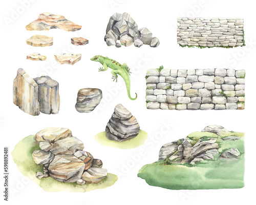 Set of stones, rocks, stone fences and green lizard, watercolor isolated collection for your design. photo