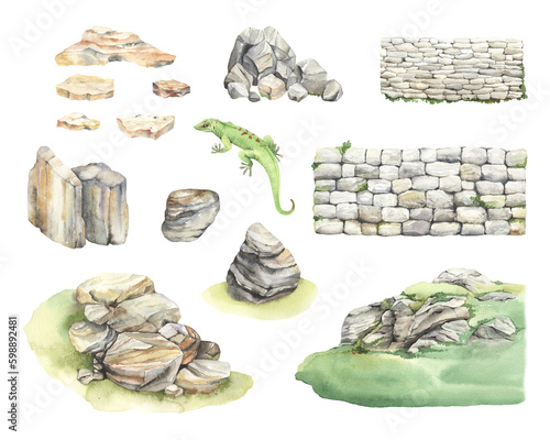 Set of stones, rocks, stone fences and green lizard, watercolor isolated collection for your design.
