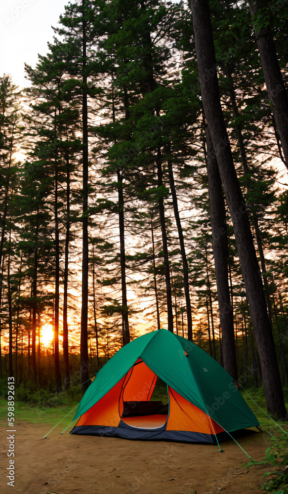 Tourist tent in forest at sunset. Travel concept. Generative AI.