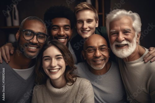Group of multigenerational people smiling in front of camera, Multiracial friends od different ages having fun together caucasian senior faces,generative ai. © Nokhoog
