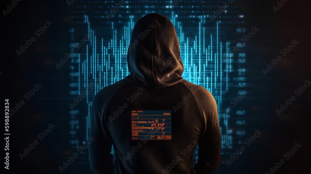 Hacker in a hoodie, back view, under dark lighting. Abstract background of glowing data lines, depicting the critical importance of cybersecurity and the battle against cyber threats. Generative AI Hacker in a hoodie, back view, under dark lighting. Abstract background of glowing data lines, depicting the critical importance of cybersecurity and the battle against cyber threats. Generative AI
