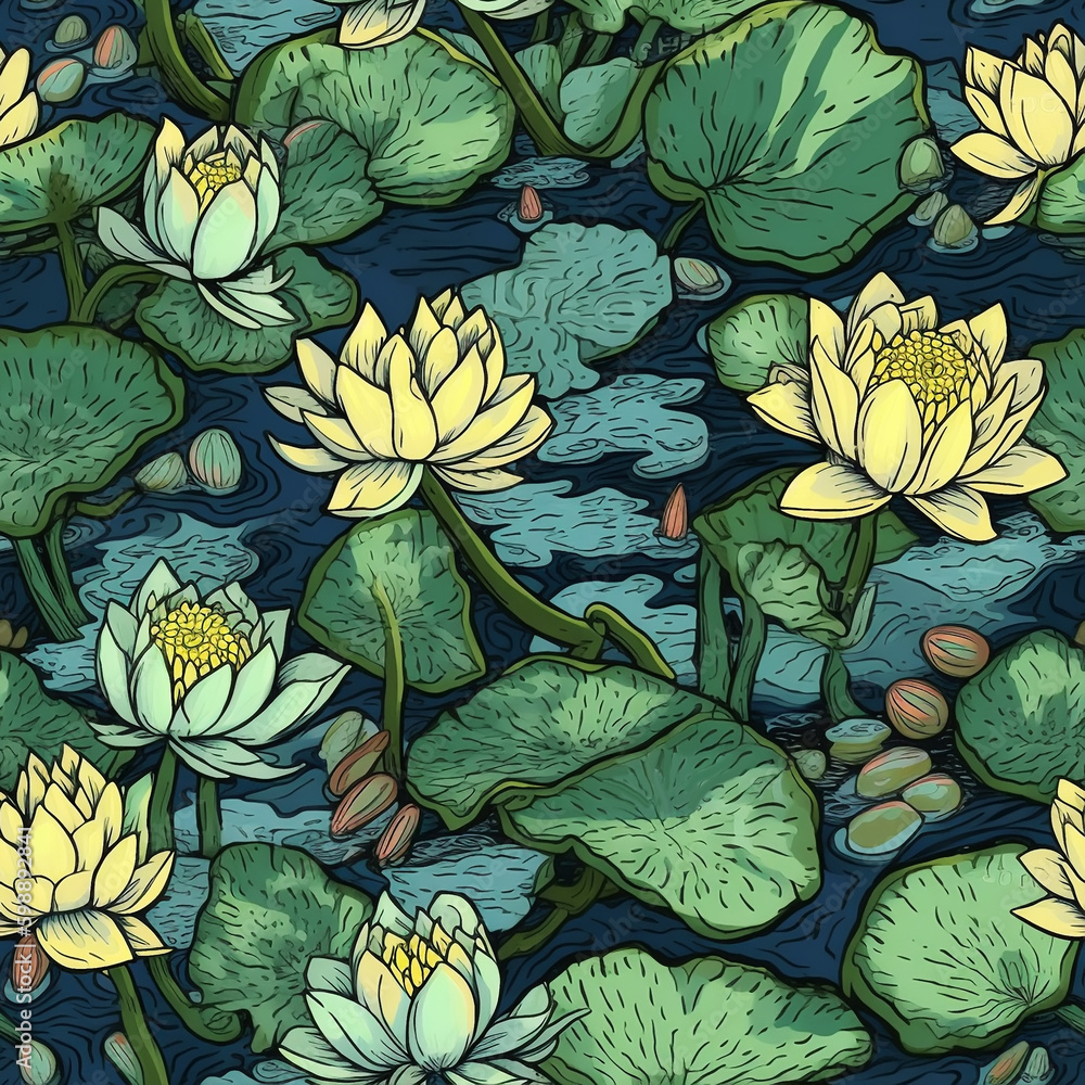 water lily, seamless pattern, Generative AI - obrazy, fototapety, plakaty 