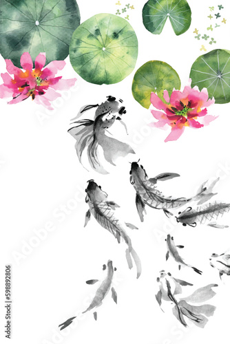 watercolor painting ink chinese goldfish in lotus pond 