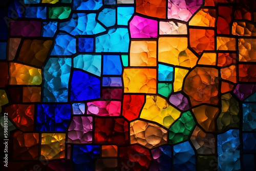Multicolored stained glass with an irregular pattern, photorealist style. AI generated illustration.