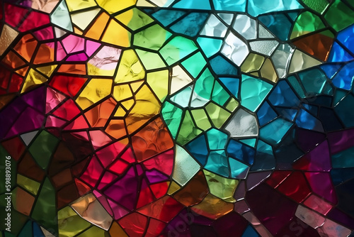 Multicolored stained glass with an irregular pattern, photorealist style. 