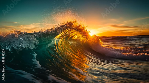 Colourful wave peaking into a flare with sunrise storm. Generative AI