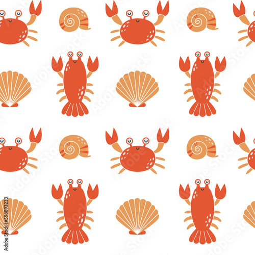 Simple seamless background with cute sea animals, crab, crayfish, shell, shellfish style. Flat hand drawn summer pattern for wrapping paper, children merch, baby shower, fabric, textile, stickers