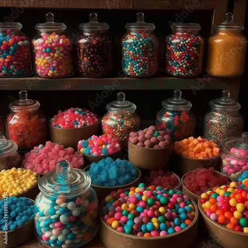 Colorful artisanal candy store shelf with products displayed in glass jars, generative ai