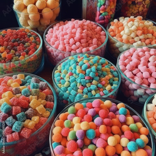 Transparent glass bowls filled with colorful gummy candies, generative ai © ArgitopIA