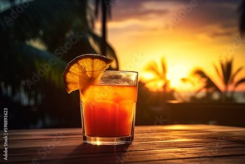 Tropical Cocktail on wodden table, sunset, AI generated