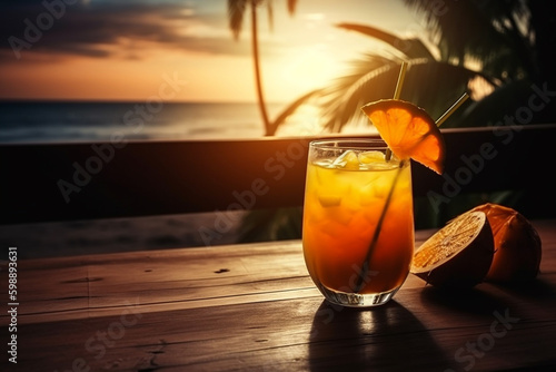 Tropical Cocktail on wodden table, sunset, AI generated