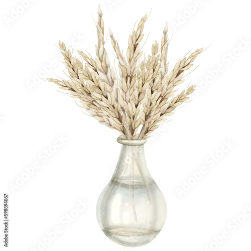 Watercolor rustic wheat ears bouquet in transparent glass bottle vase illustration isolated on white, fall composition in light beige colors for Shavuot Jewish holiday, harverst eco friendly design