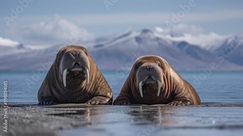 Two Walrus on a beach Generated AI