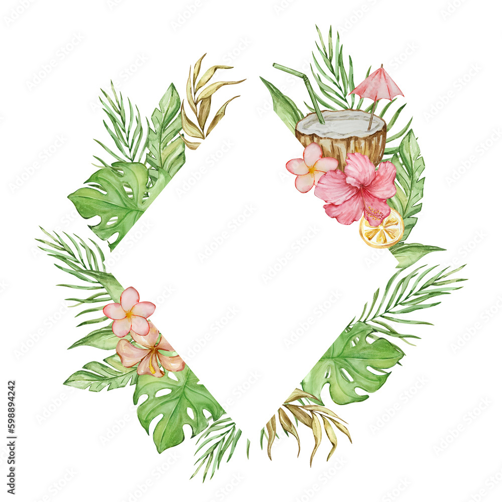 Fototapeta premium Rhombus frame made of watercolor tropical flowers and leaves