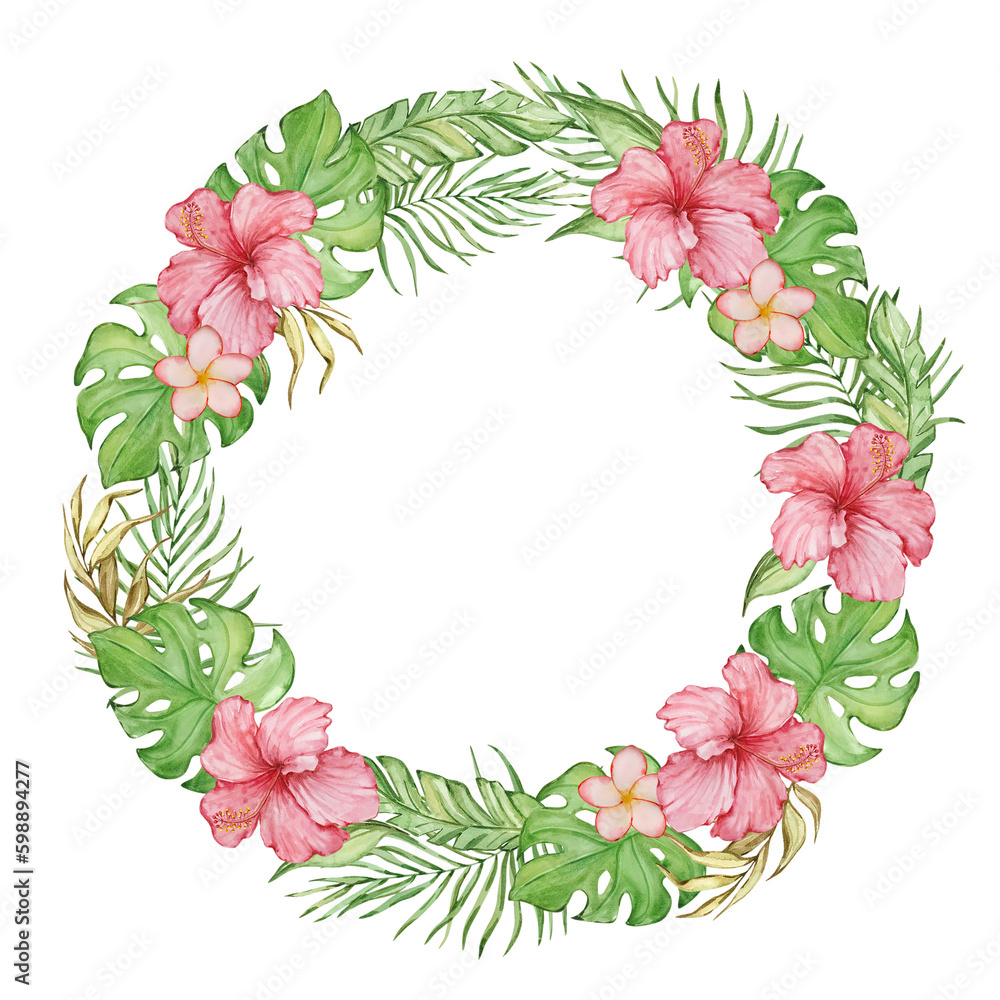 Wreath of watercolor tropical flowers and leaves