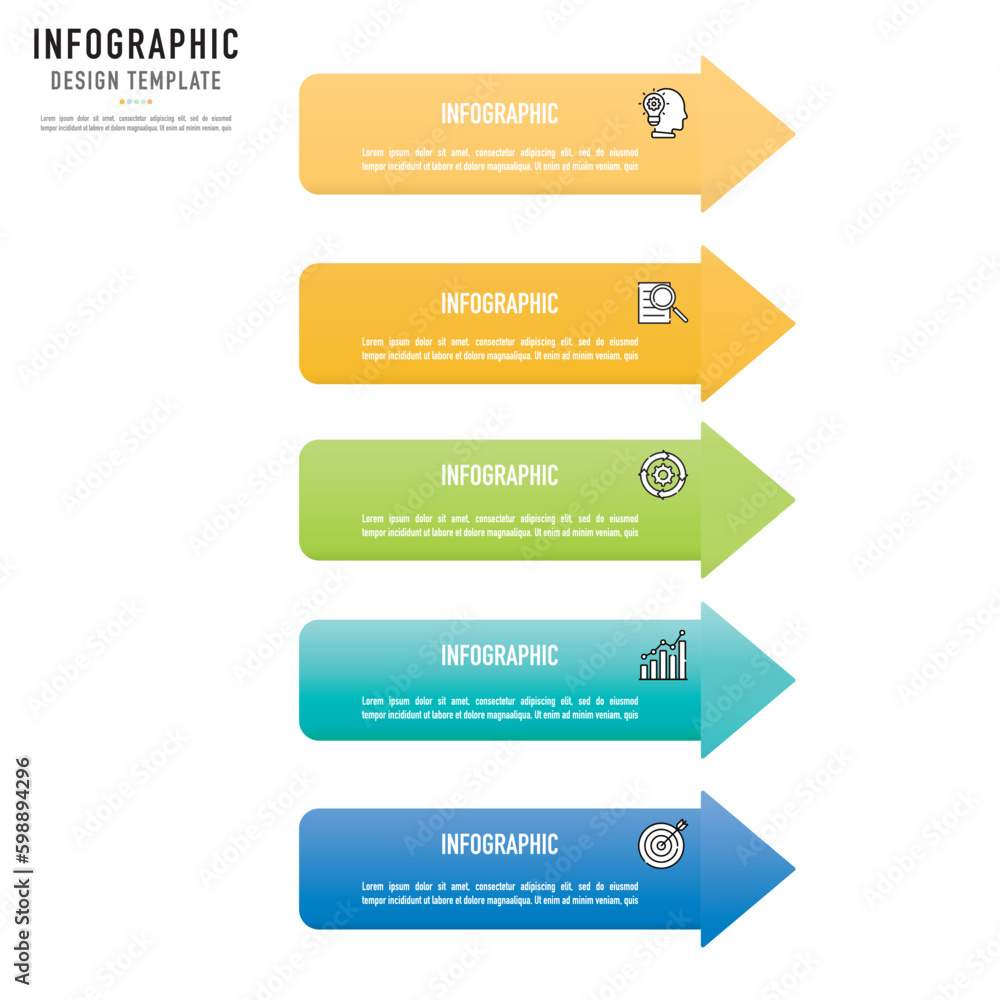 Arrow infographic template or element with 5 step, process, option, bullet, colorful rectangle, triangle, icons, bar, square, label, button, paper origami, tag for sale slide, flowchart, brochure, web Arrow infographic template or element with 5 step, process, option, bullet, colorful rectangle, triangle, icons, bar, square, label, button, paper origami, tag for sale slide, flowchart, brochure, web