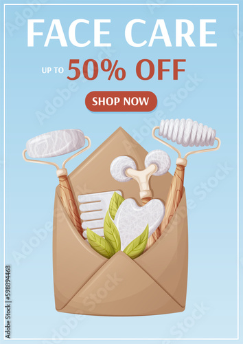 Face sale poster. Envelope with gua sha tools, scraper, roller, comb. Items for salon, massage, relaxation. Vector illustration. For advertising, website, banner. a4 format