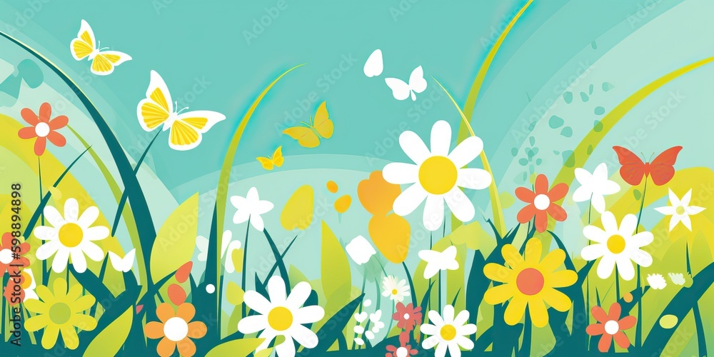 Illustration with flowers and butterflies on a sunny spring day, generative ai