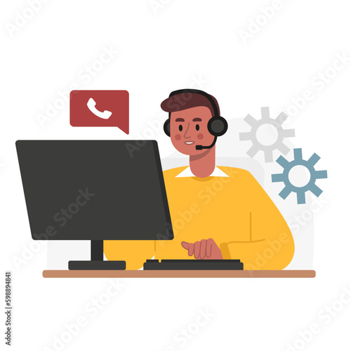 Man consults on phone. Online technical support. Help in setting up account, installing software