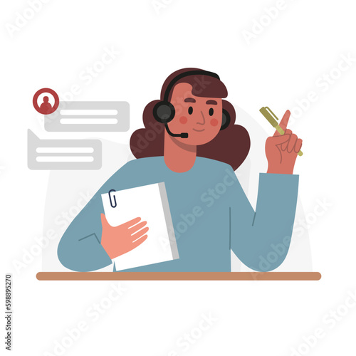 Woman operator in call center. Female character answers questions on phone