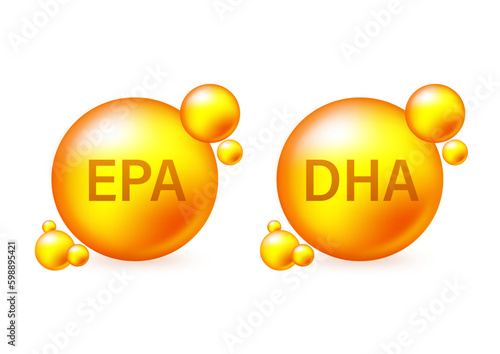 EPA, DHA Vector Drops Set. Chemical formula .Shining golden substance drop.