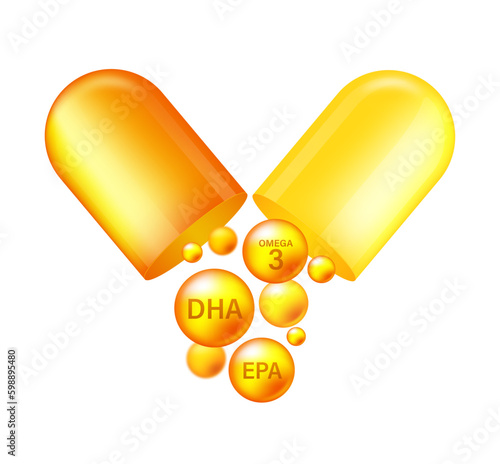 EPA, DHA Vector Drops Set. Chemical formula .Shining golden substance drop.