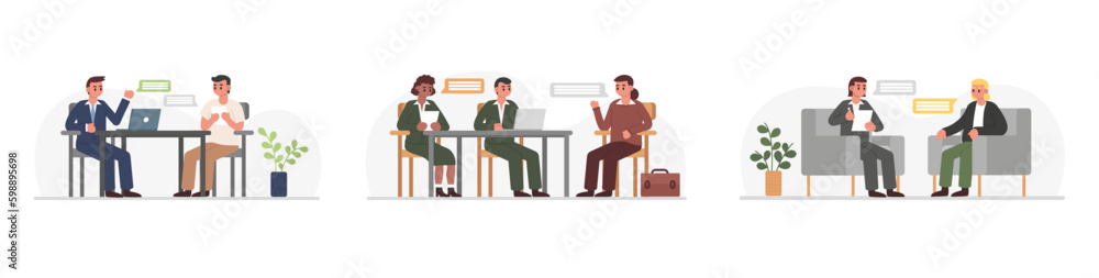 Set of vector illustrations about interview. Male and female characters talk, survey, test Set of vector illustrations about interview. Male and female characters talk, survey, test