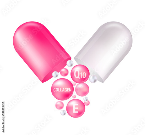 Collagen and vitamin Q10. Collagen serum and vitamin background concept skin care cosmetics solution vector design