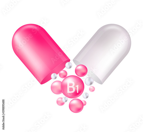 Vitamin B1 pill capsule icon . Vitamin complex bubbles for health care ads. Vector illustration