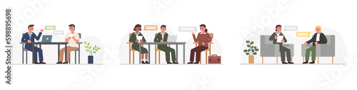 Set of vector illustrations about interview. Male and female characters talk, survey, test