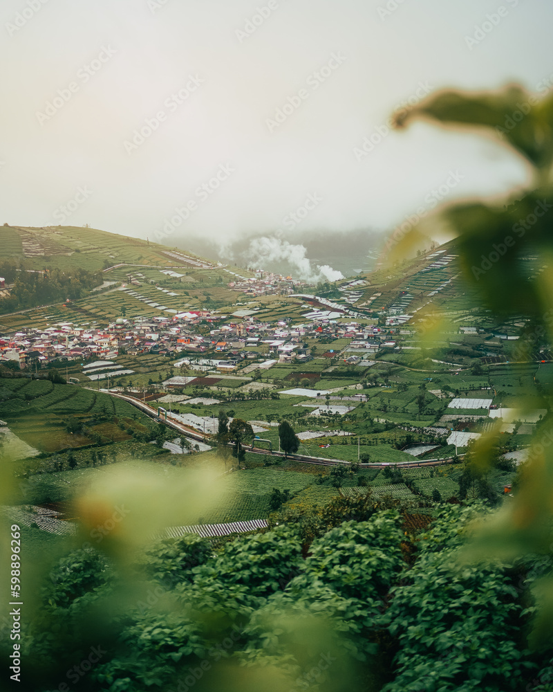 Fototapeta premium Foggy morning at Scooter Hill, Dieng, Banjarnegara, Central Java, Indonesia