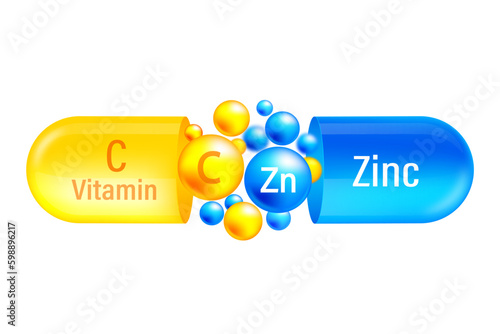 Vitamin complex Zink and vitamin C. Yelllow capsule and blue with vitamin C and mineral of zink on white background. Vector illustration