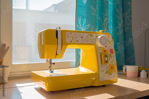 Yellow sewing machine at very sunny and bright day. Generative Ai