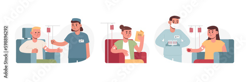 Blood transfusion. Set of vector pictures with characters about blood donation