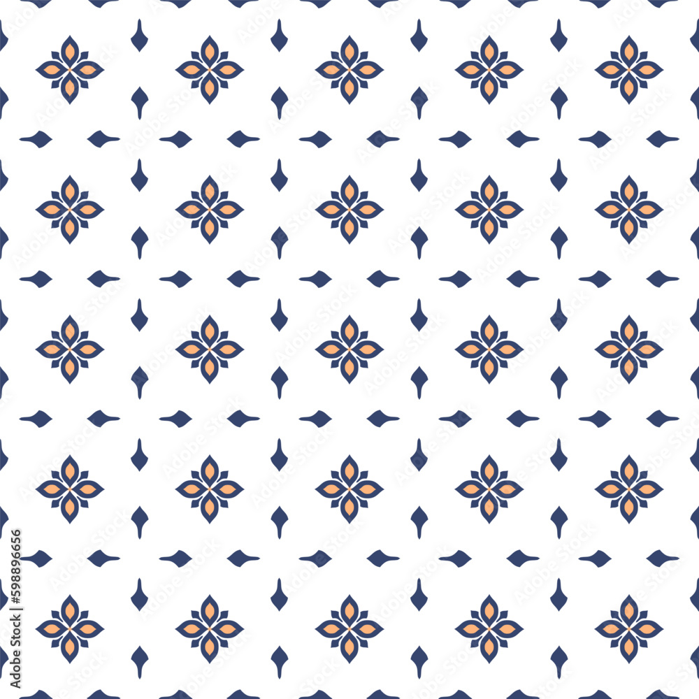 Fototapeta premium Vector. Seamless mediterranean geometric pattern in patchwork style. Talavera template. Portuguese Azulejo. Turkish decoration. Moroccan mosaic. Spanish porcelain. Ceramic dishes, folk ornament.
