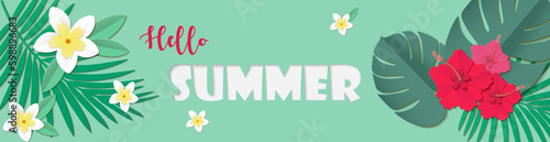  Beautiful summer banner with paper cut tropical flowers and leaves on green background. Vector design for horizontal website banner,birthday frame design, promo card. Place for text.